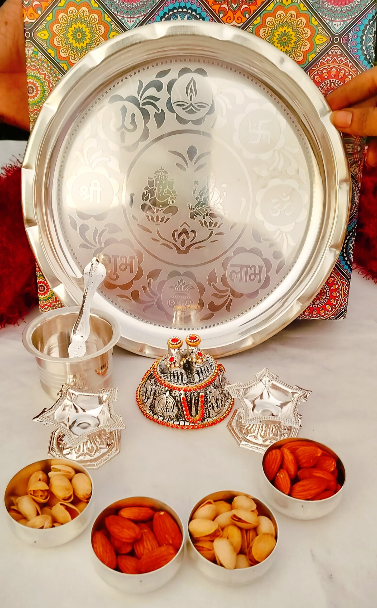 German silver Laxmi Ganesh engraved Pooja Set with laxmi charan - Image 2