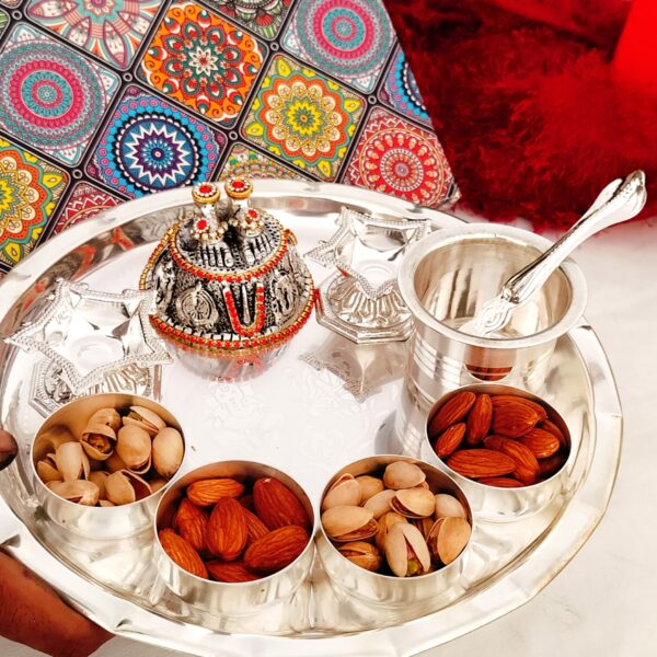 German silver Laxmi Ganesh engraved Pooja Set with laxmi charan