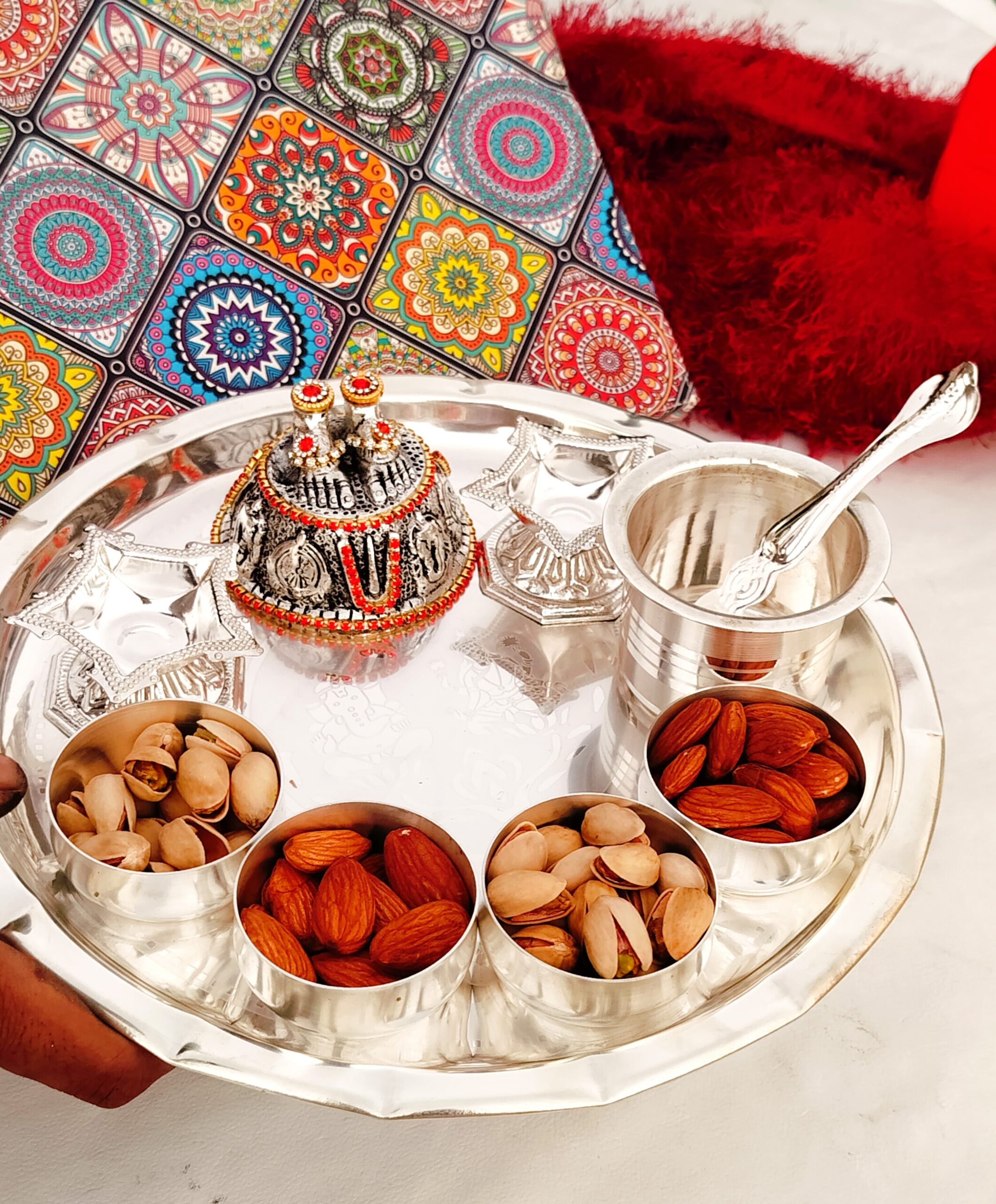 German silver Laxmi Ganesh engraved Pooja Set with laxmi charan