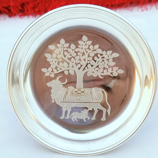 German silver cow calf with kalpavriksh design engraved plate