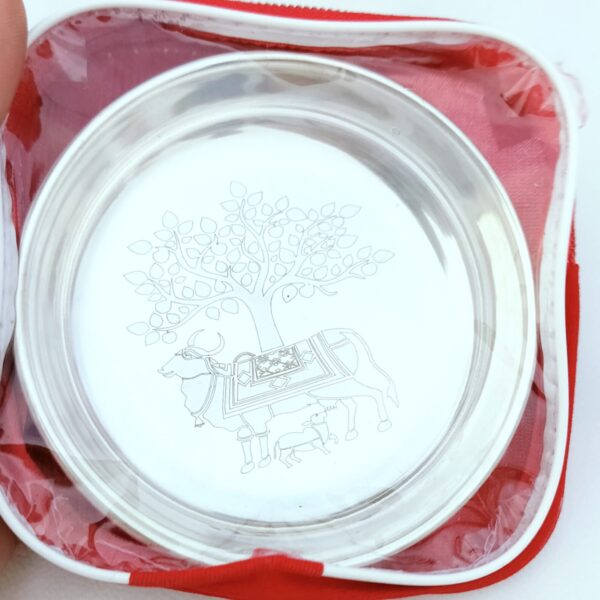 German silver cow calf with kalpavriksh design engraved plate