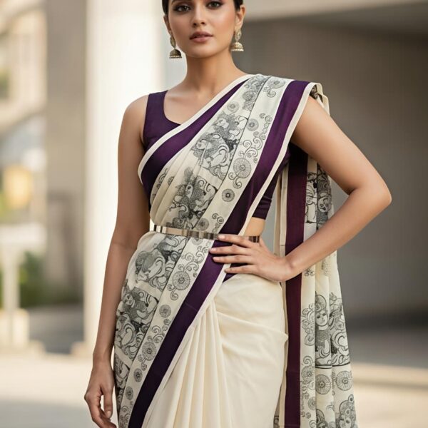 Heavy linen blooming saree mosaic digital print