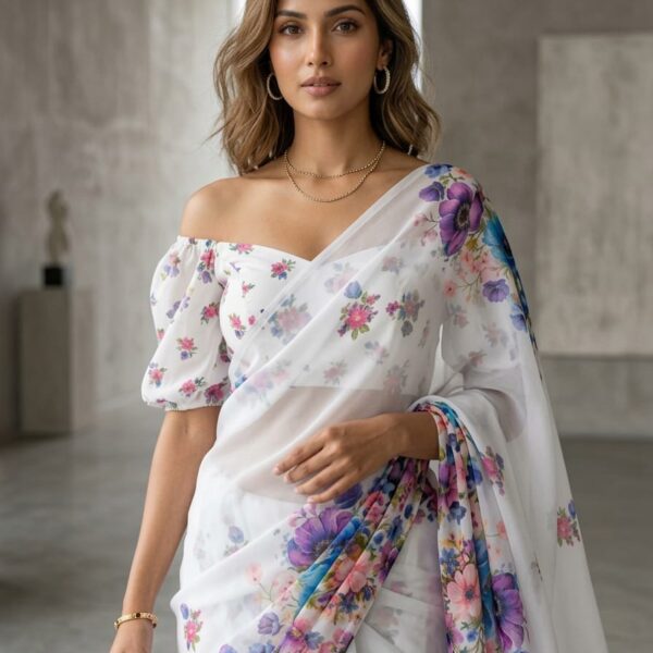 Glass organza saree with purple flora print