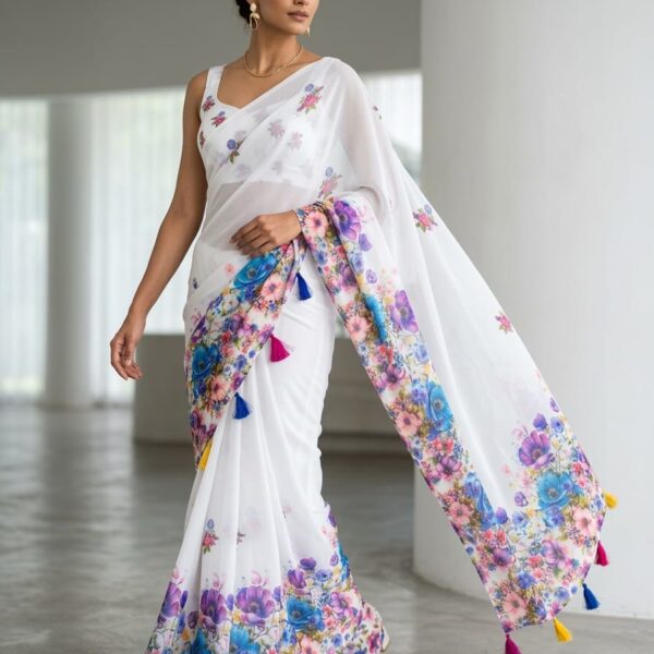 Glass organza saree with purple flora print
