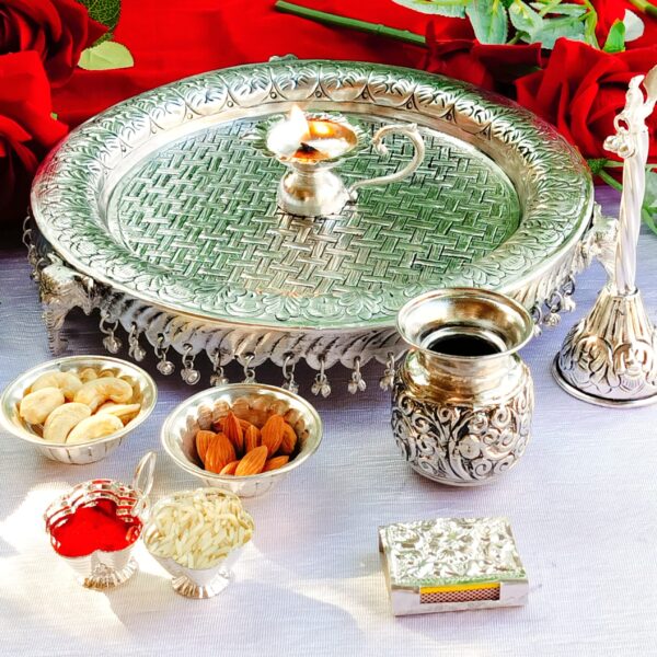 German silver elephant design nakkashi aarti thali set