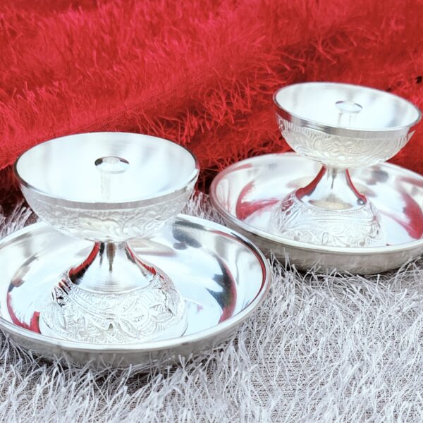 German silver nakkashi work daily use Akhand diya with plate set