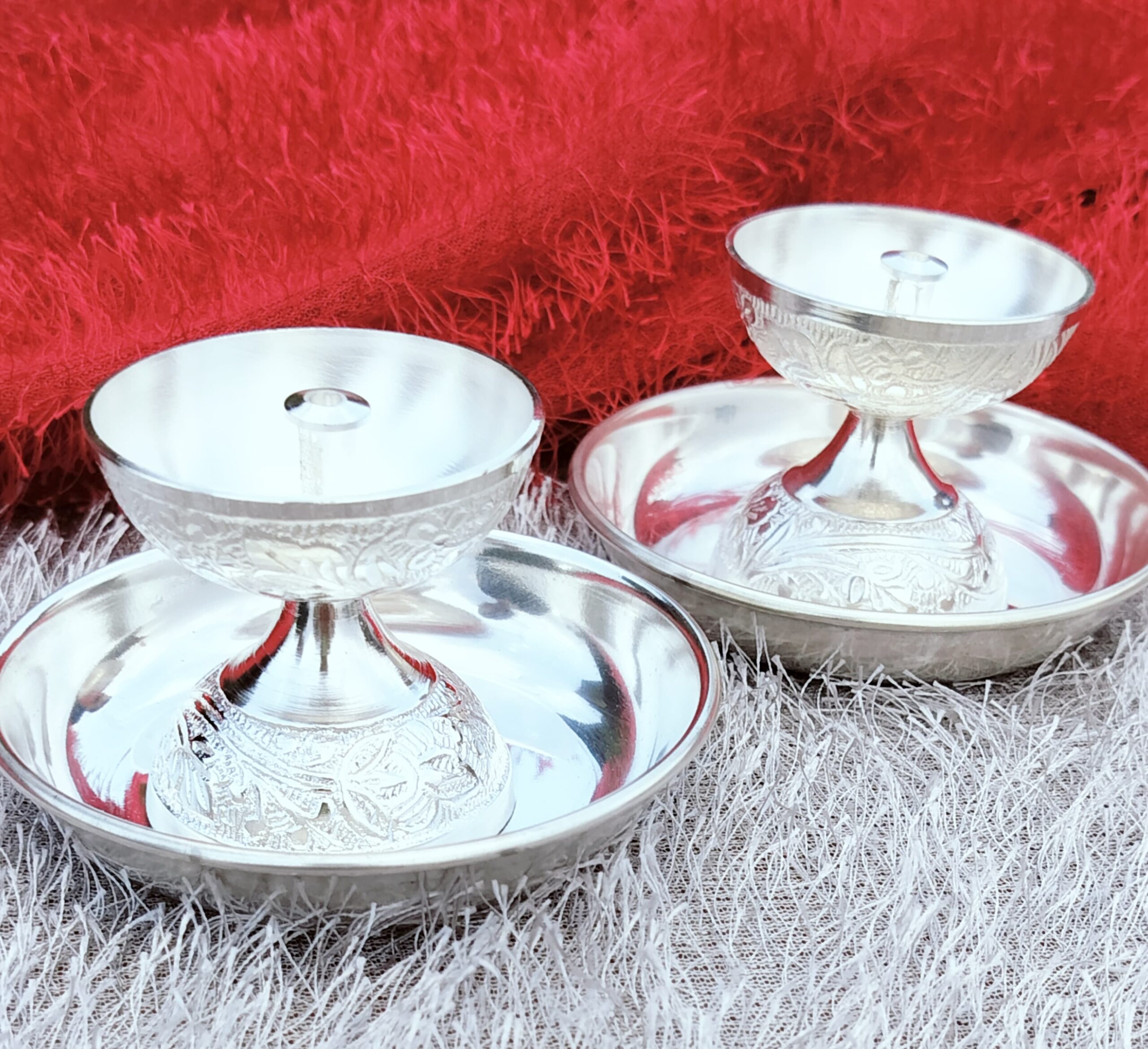 German silver nakkashi work daily use Akhand diya with plate set - Image 2