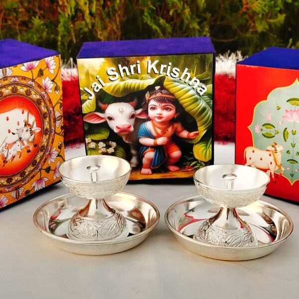 German silver nakkashi work daily use Akhand diya with plate set