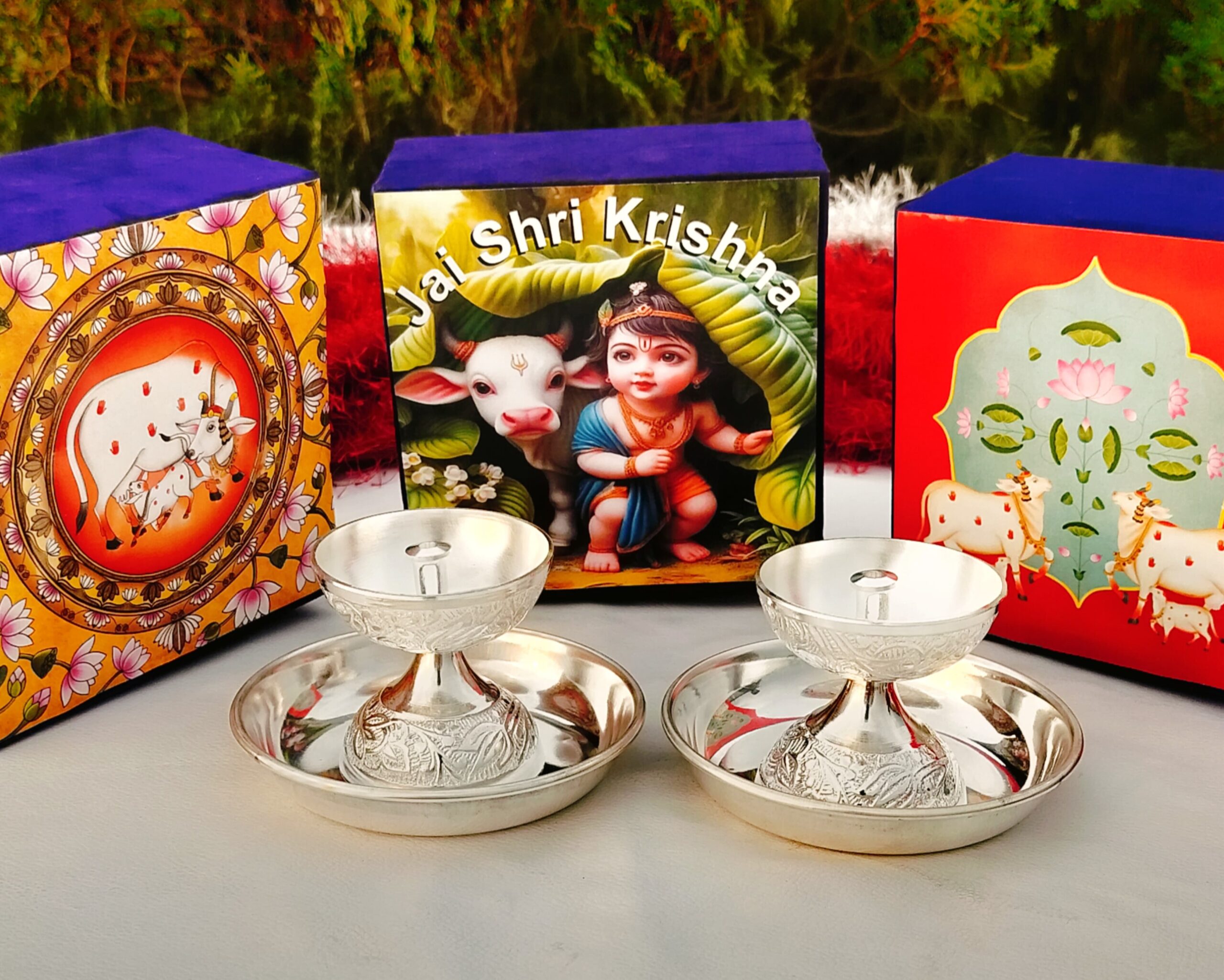 German silver nakkashi work daily use Akhand diya with plate set