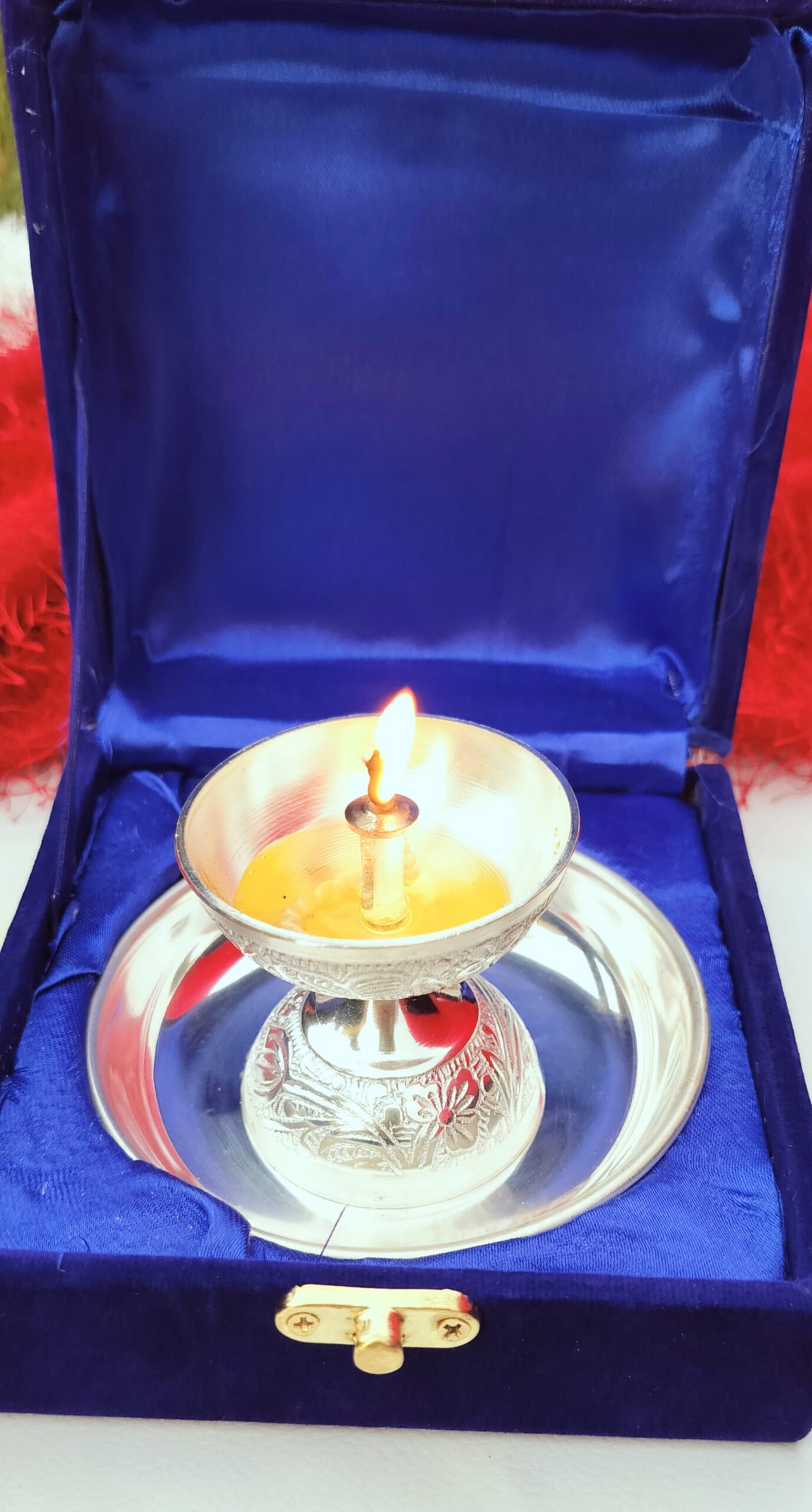 German silver nakkashi work daily use Akhand diya with plate set - Image 3