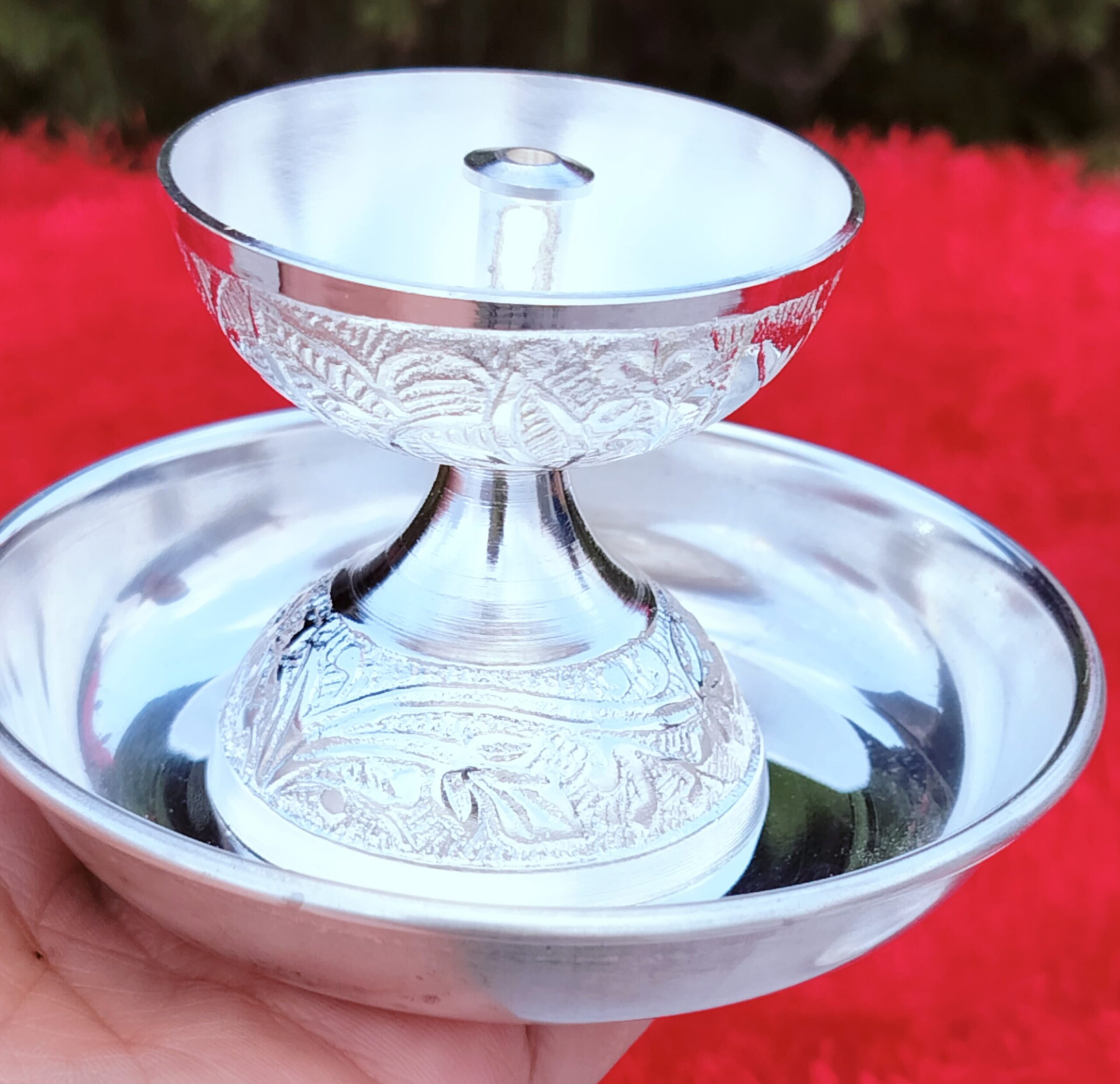 German silver nakkashi work daily use Akhand diya with plate set - Image 4