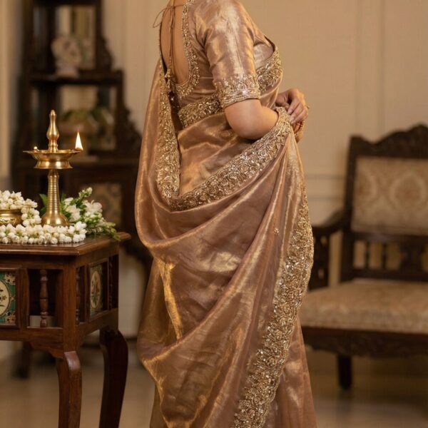 Pure  Space Silk Saree With Gold Beads Work
