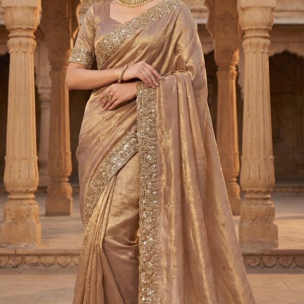 Pure  Space Silk Saree With Gold Beads Work