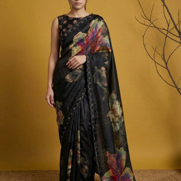 Fendy Satin saree with floral prints handwork