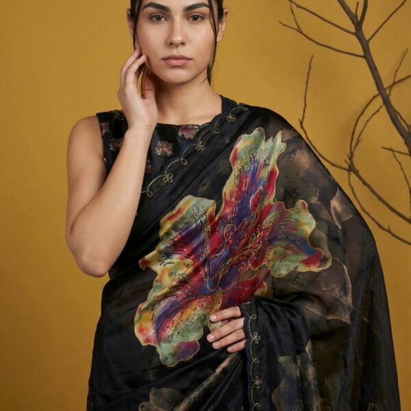 Fendy Satin saree with floral prints handwork