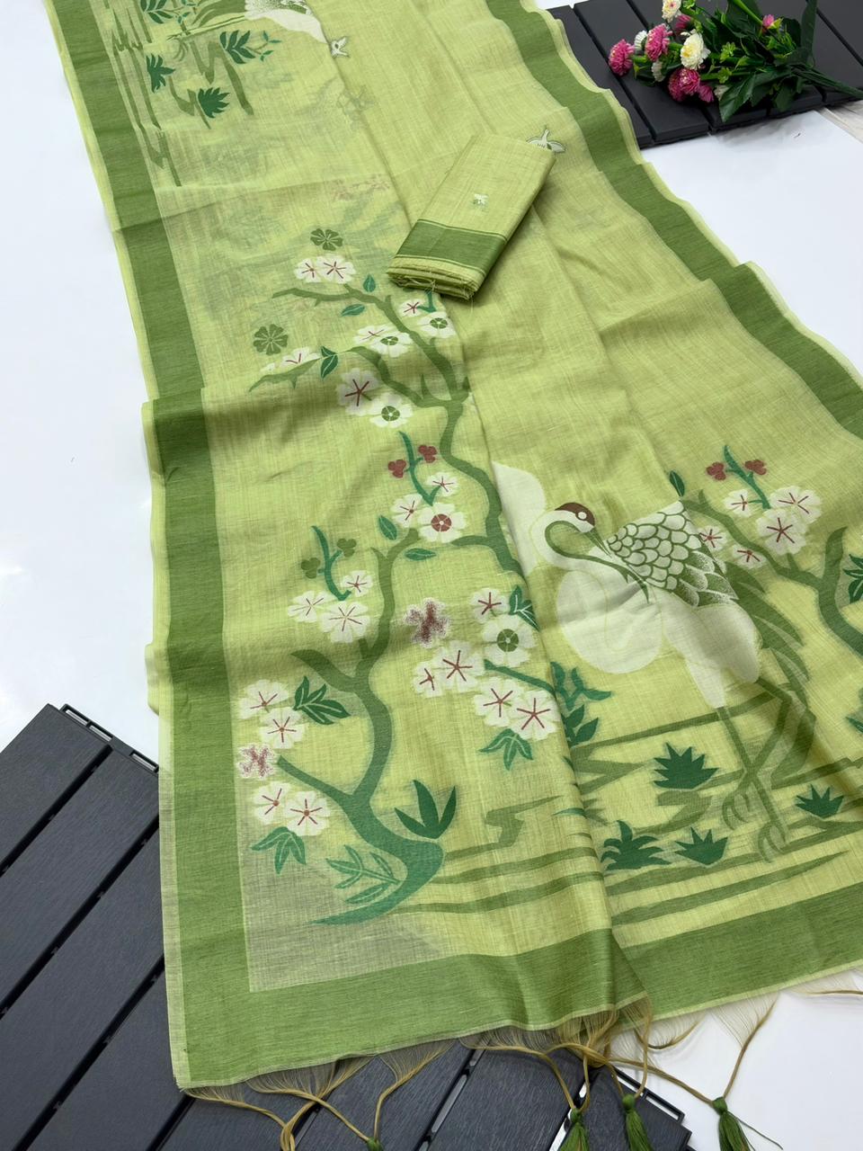 Premium Soft muga cotton sarees with Pencil Art - Image 8