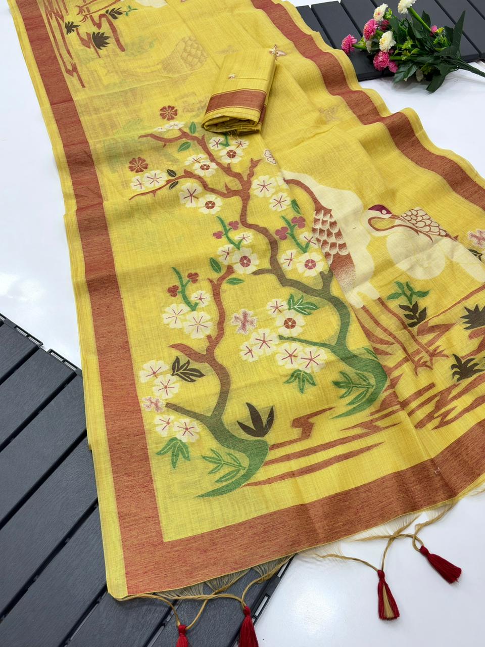 Premium Soft muga cotton sarees with Pencil Art - Image 7