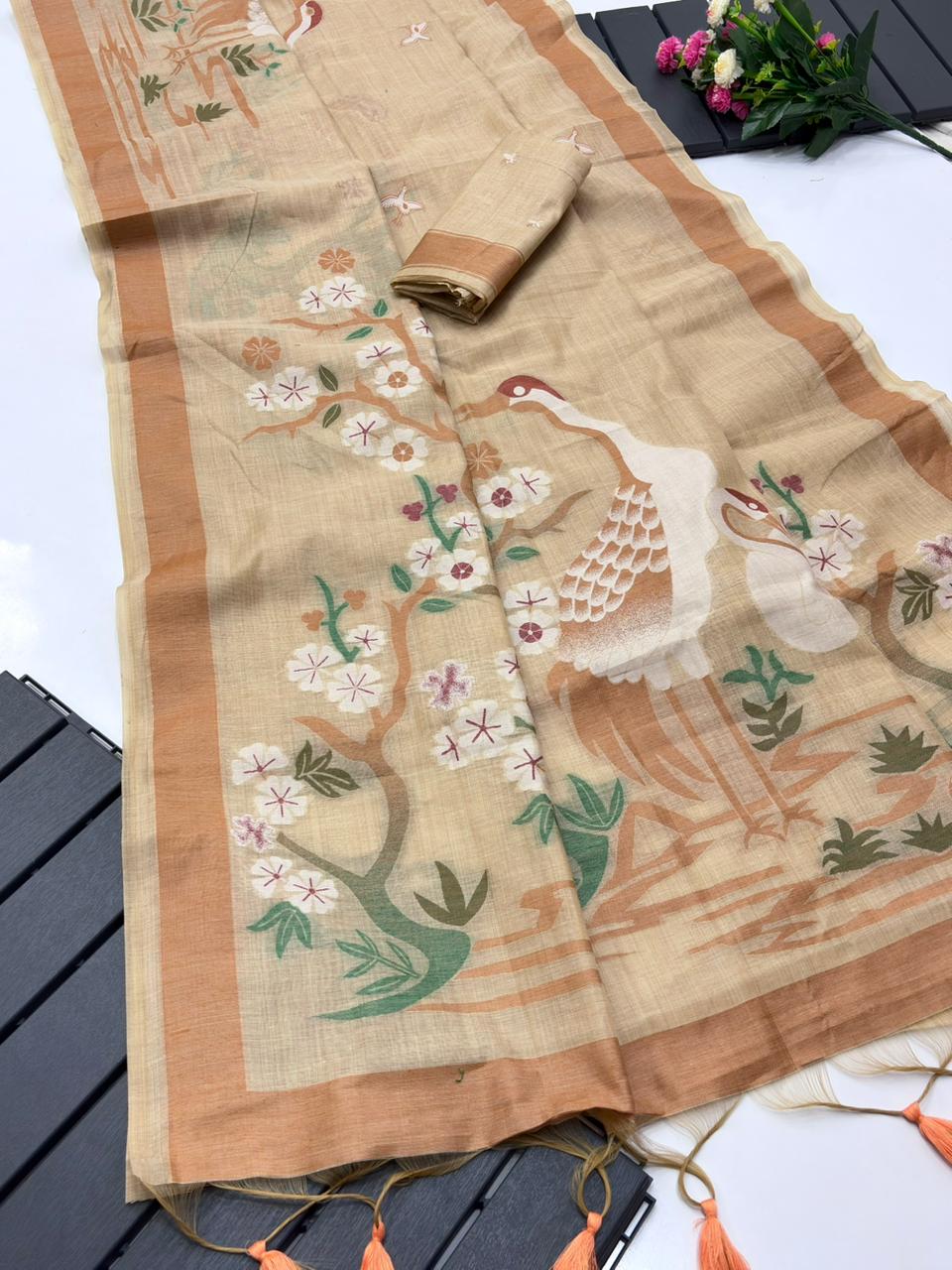 Premium Soft muga cotton sarees with Pencil Art - Image 11