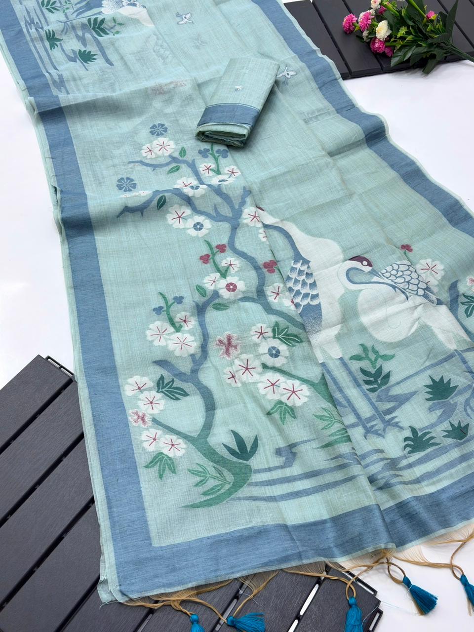 Premium Soft muga cotton sarees with Pencil Art - Image 12