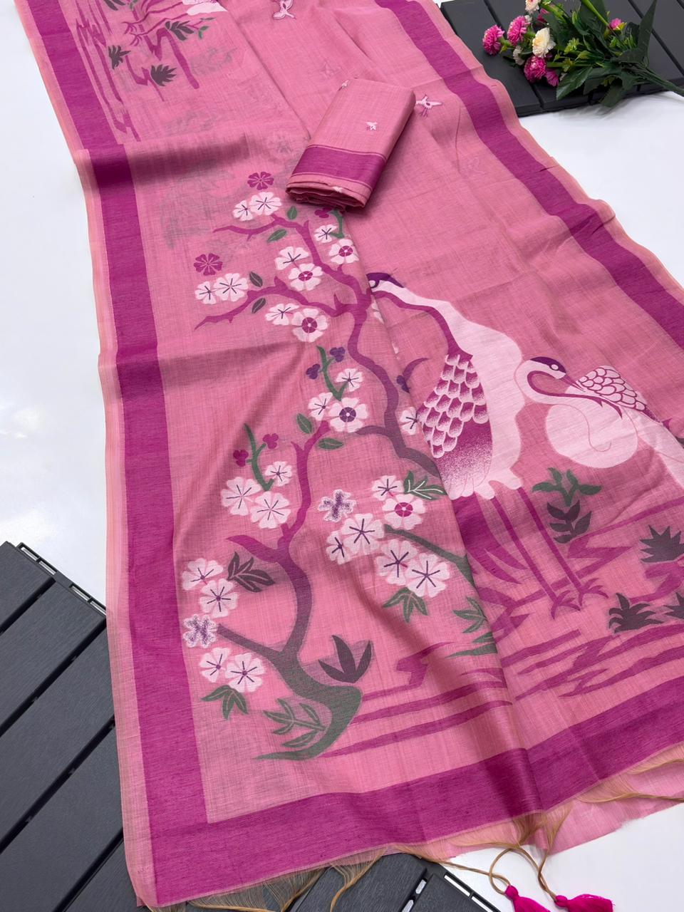 Premium Soft muga cotton sarees with Pencil Art - Image 9