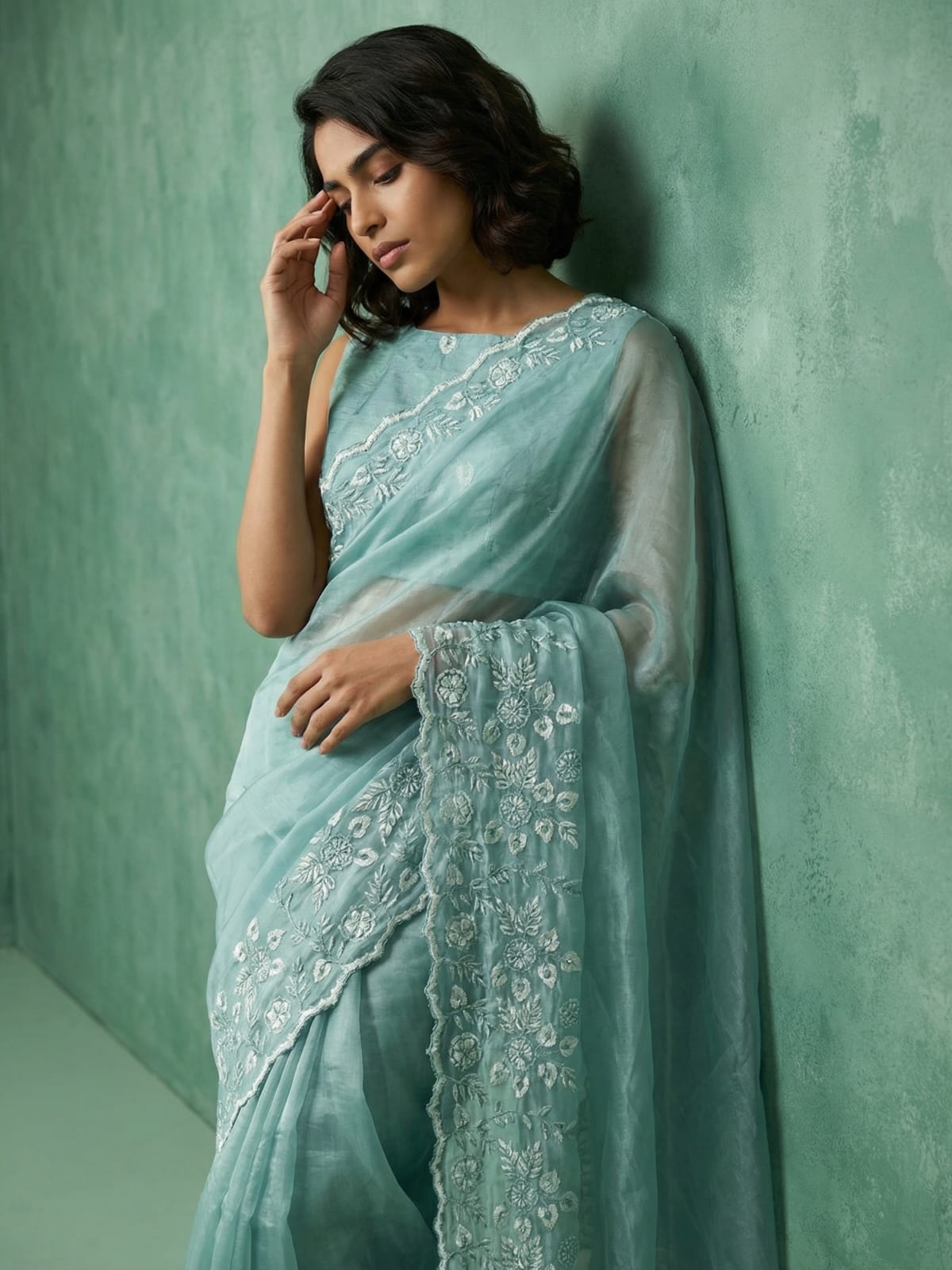 Pure Chanda Silk sarees with flower embroidery work - Image 3