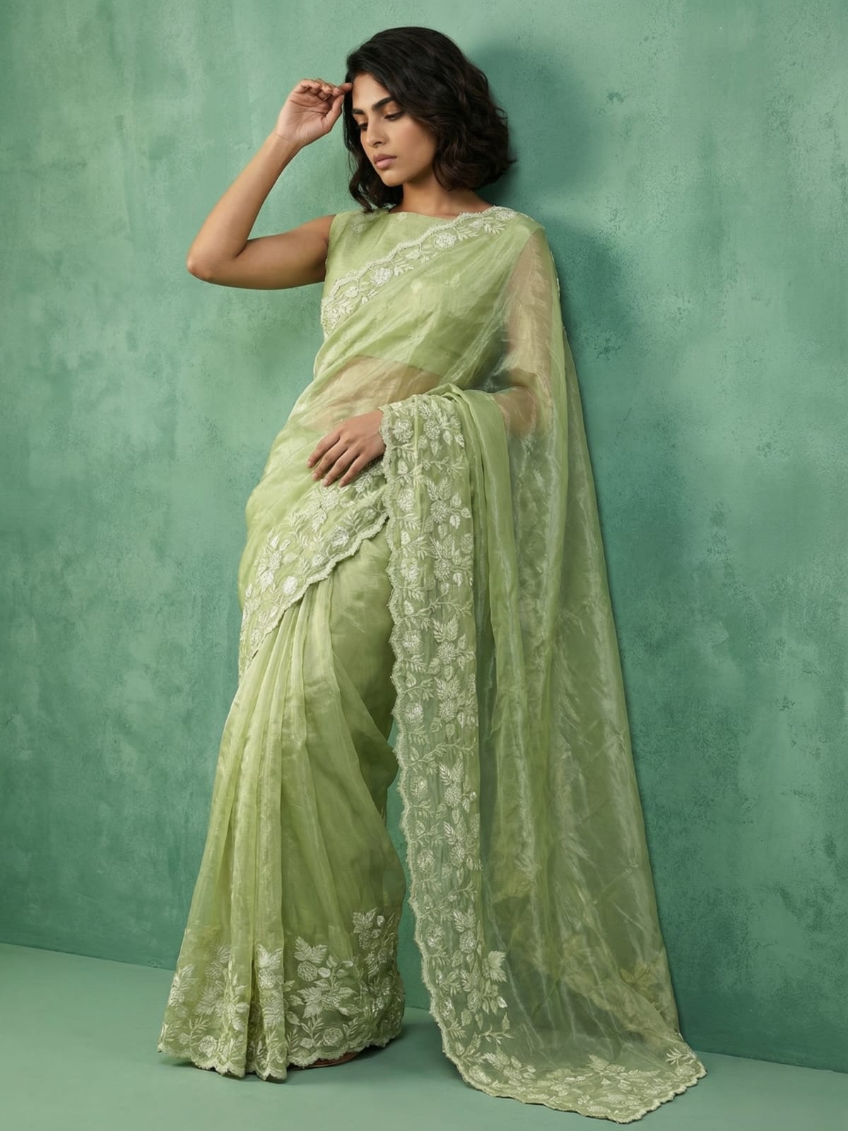 Pure Chanda Silk sarees with flower embroidery work - Image 4