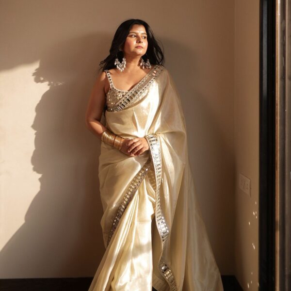 Pure satin silk saree with original mirror