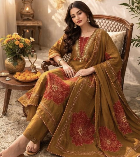 Mustard Cotton fabric kurti pant dupatta