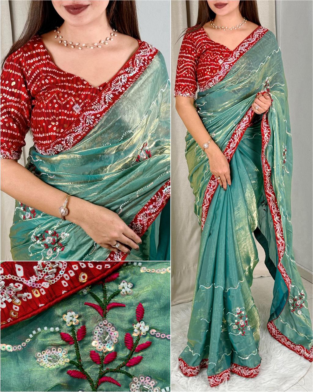 Fendy Satin Saree with Pearl Work - Image 3