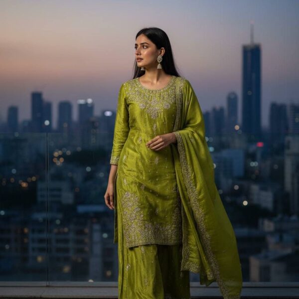 Chinon Silk Green Kurti Palazzo Set