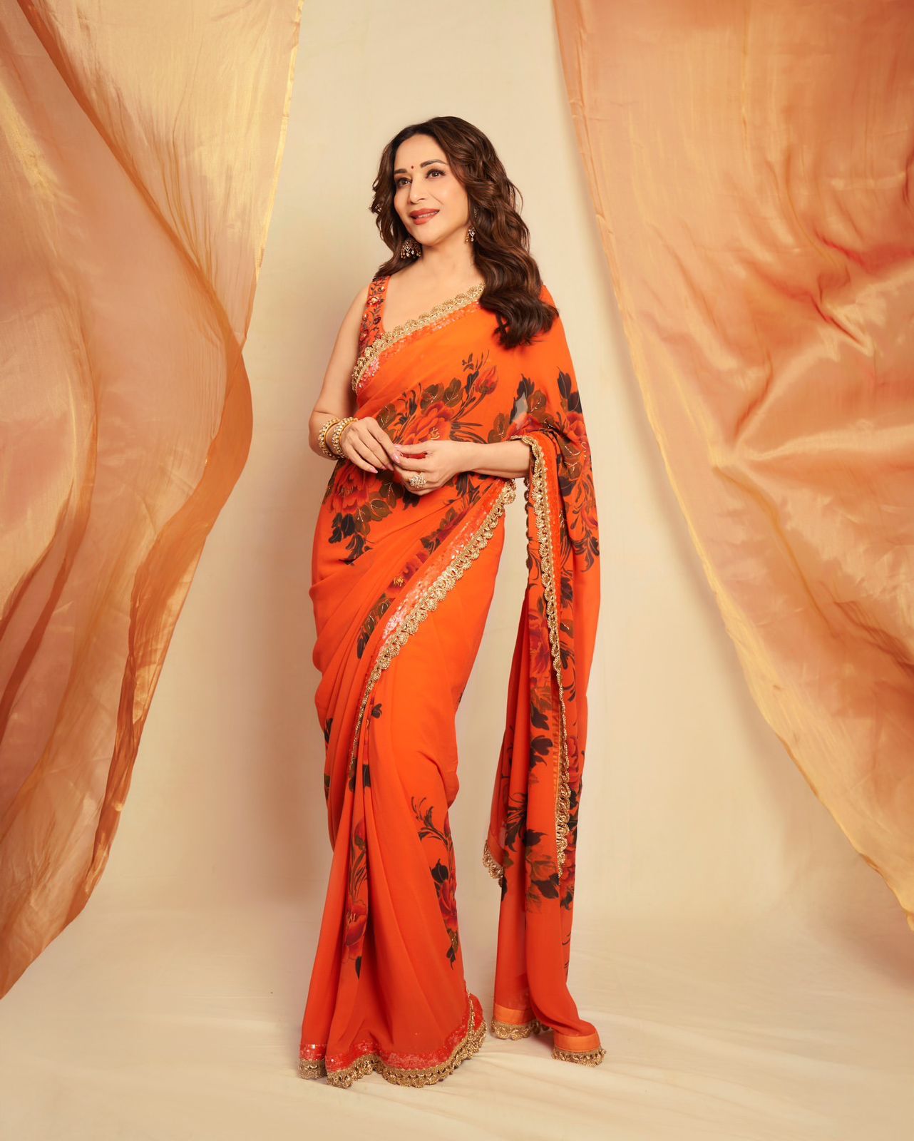 Orange Soft Georgette floral print saree - Image 2