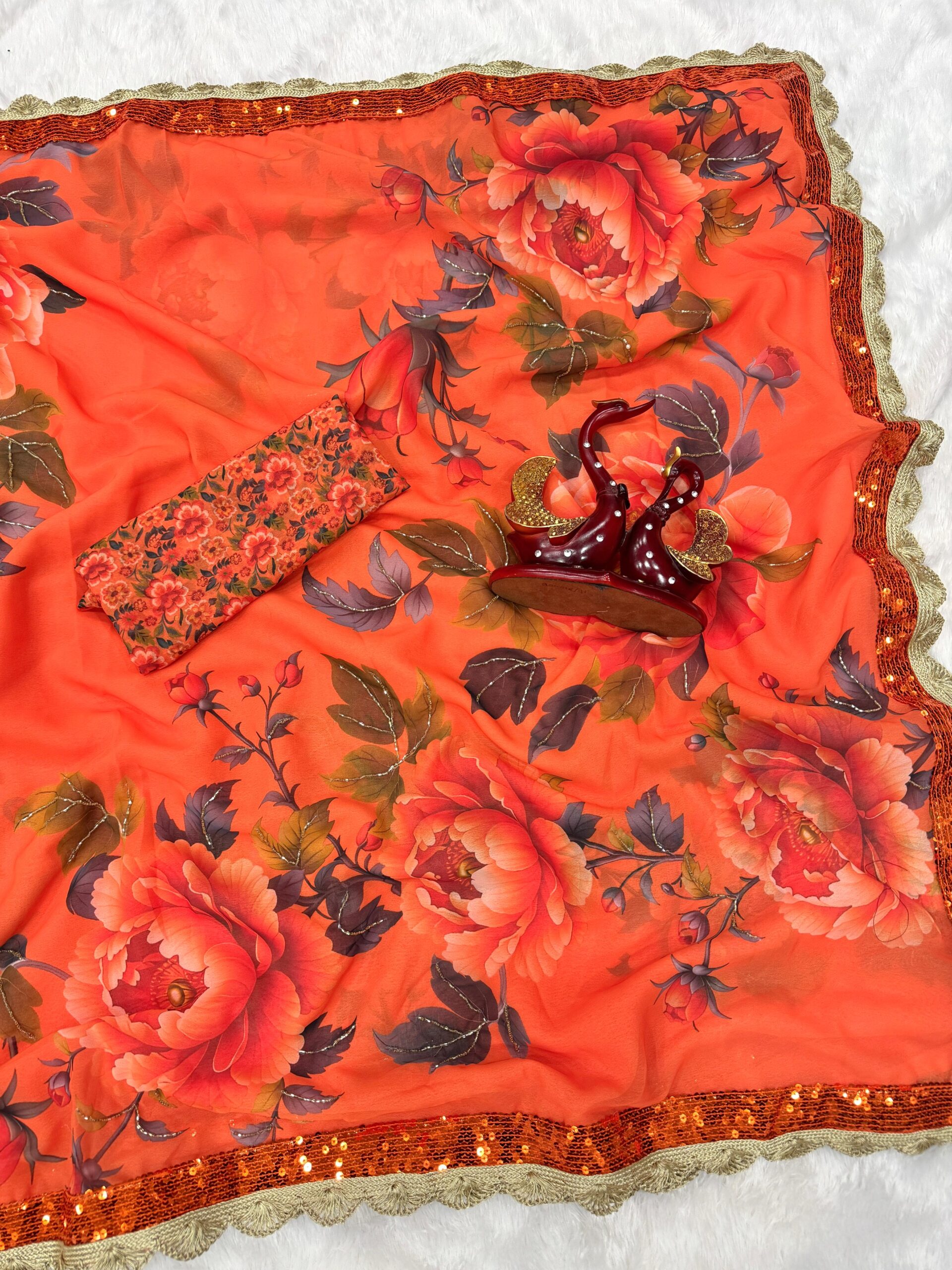 Orange Soft Georgette floral print saree - Image 3