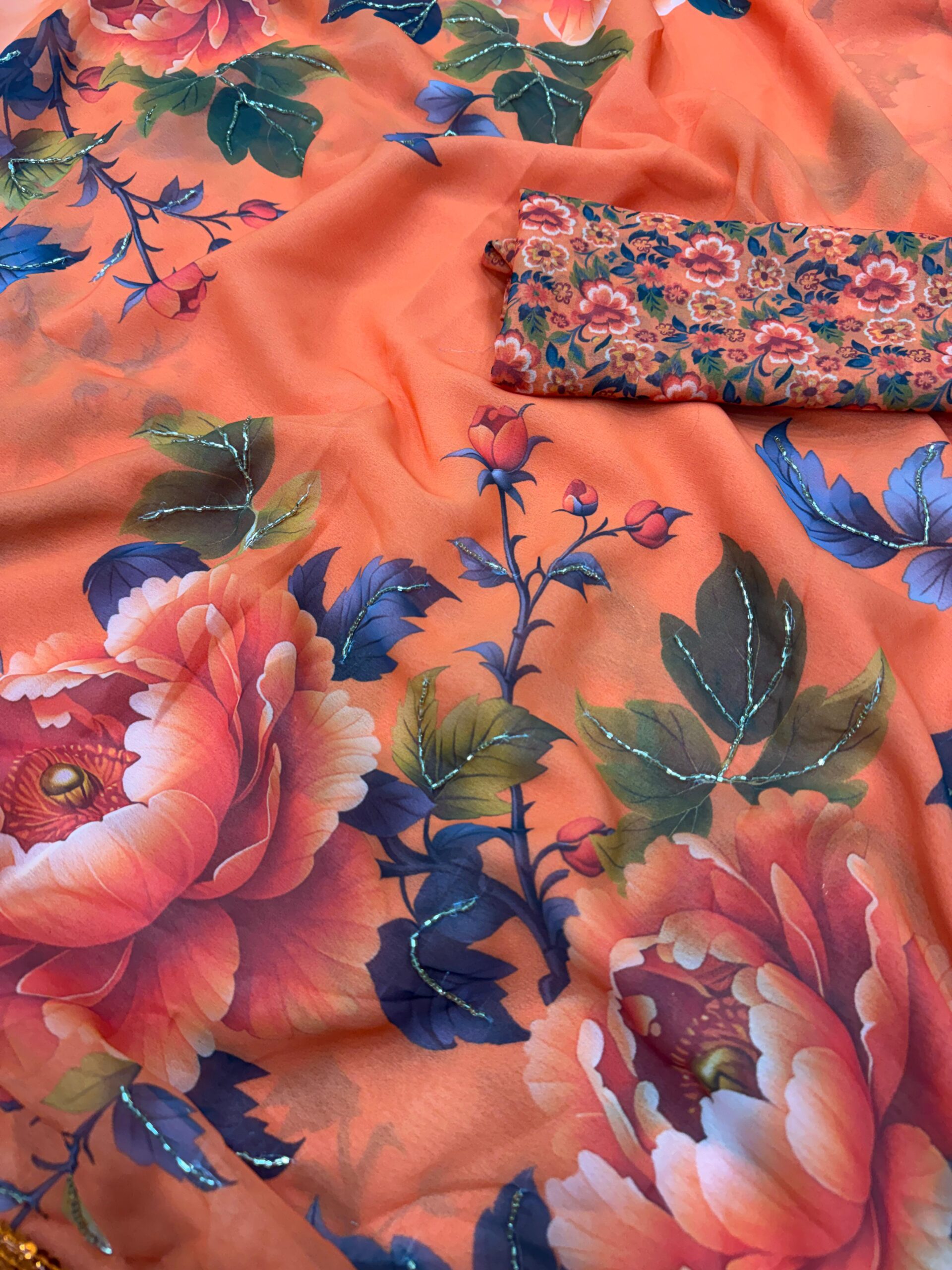 Orange Soft Georgette floral print saree - Image 4