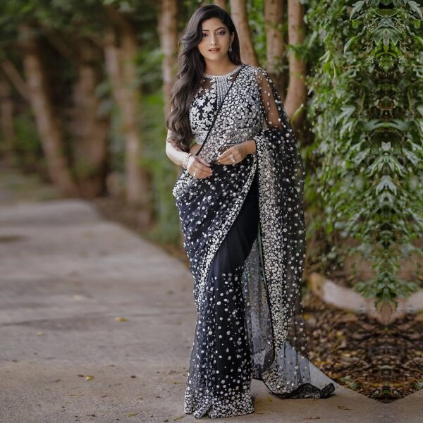 Black White Premium Butterfly Soft Net Embellished Saree