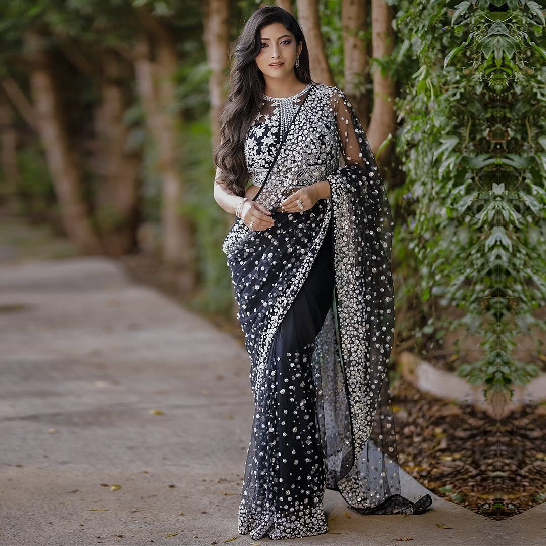Black White Premium Butterfly Soft Net Embellished Saree - Image 2