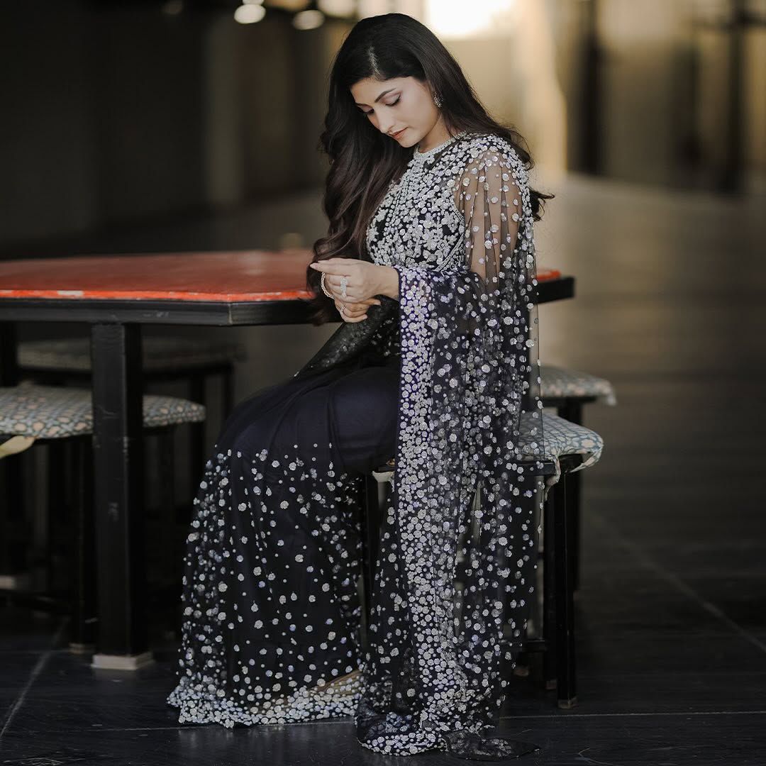 Black White Premium Butterfly Soft Net Embellished Saree - Image 3