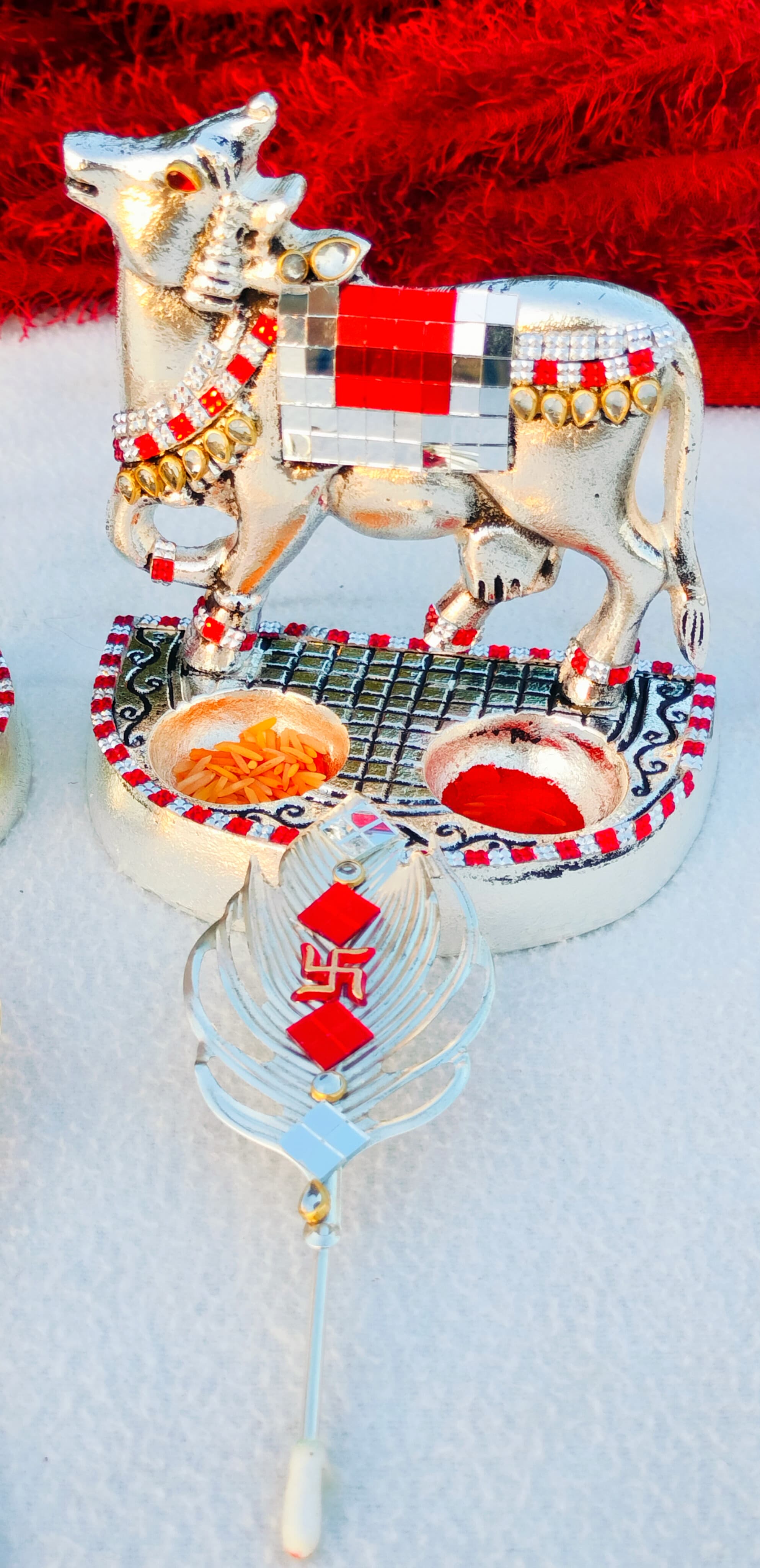 Antique German silver big size kamdhenu cow with set