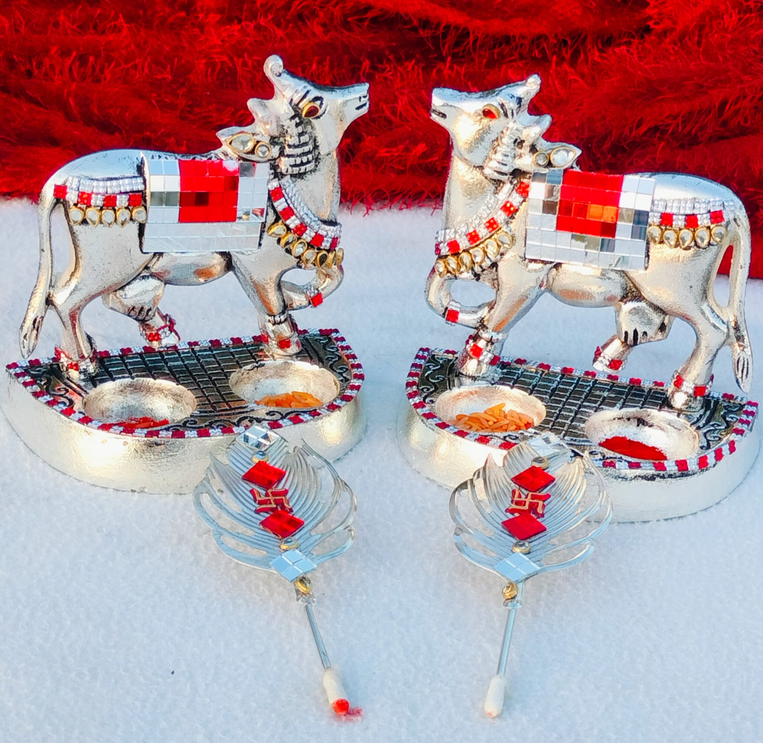 Antique German silver big size kamdhenu cow with set