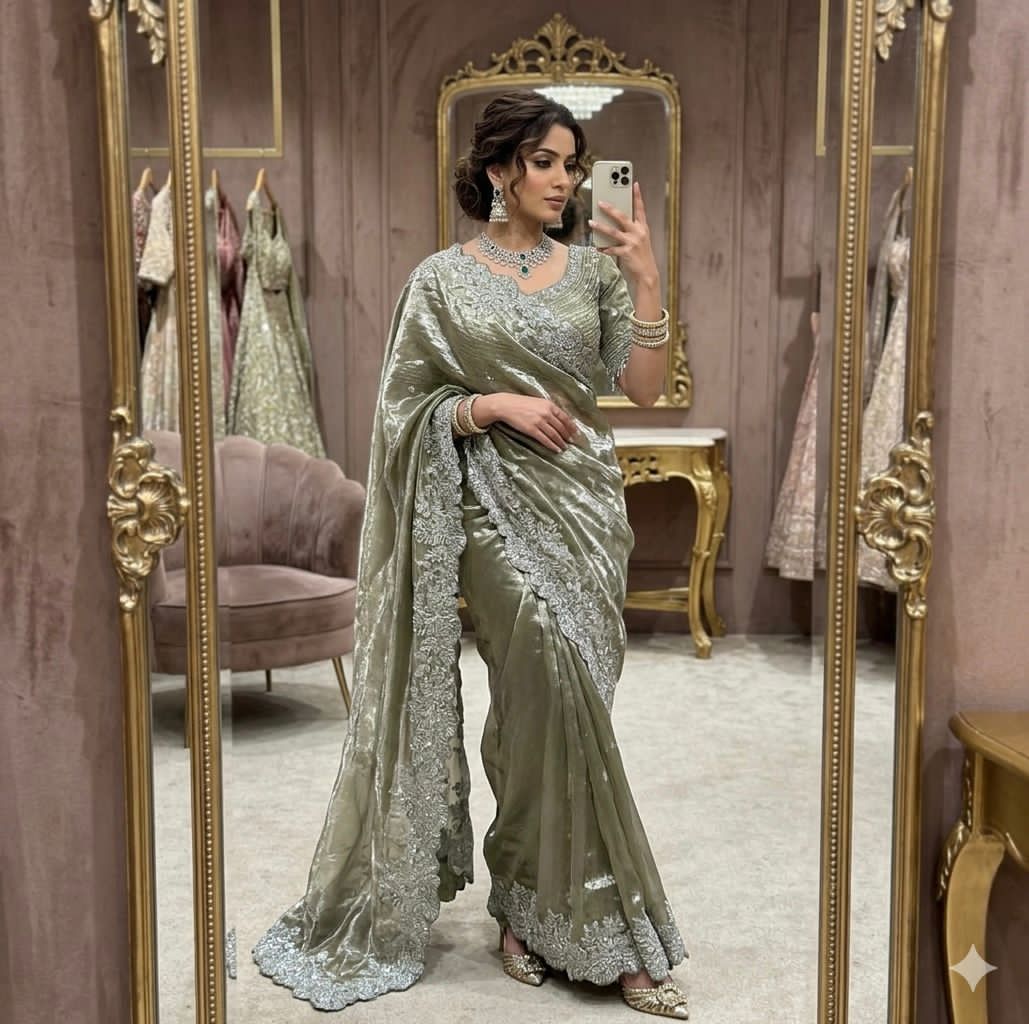 Soft space silk Satin Saree with heavy embroidery sequence - Image 6