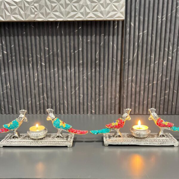 German silver hand engraved parrot t-light stone work