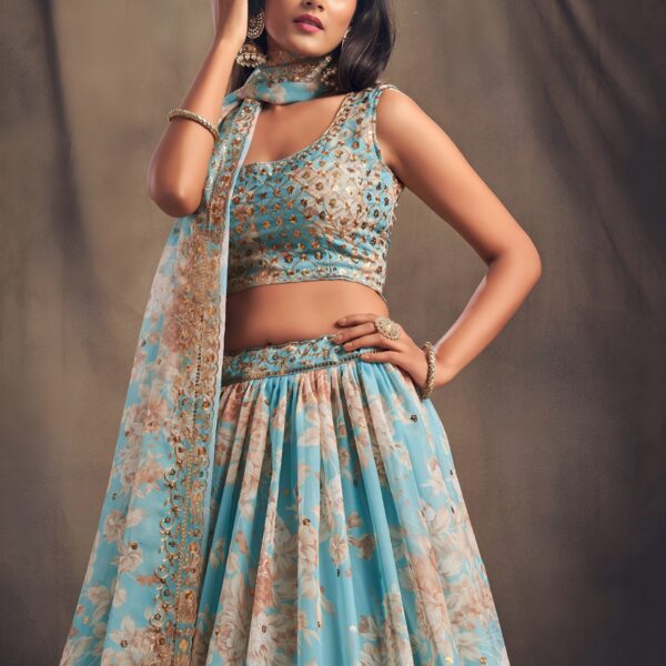 Sky Blue Floral Printed Designer Lehenga Choli