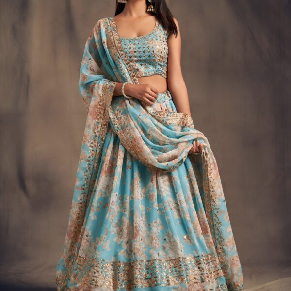 Sky Blue Floral Printed Designer Lehenga Choli