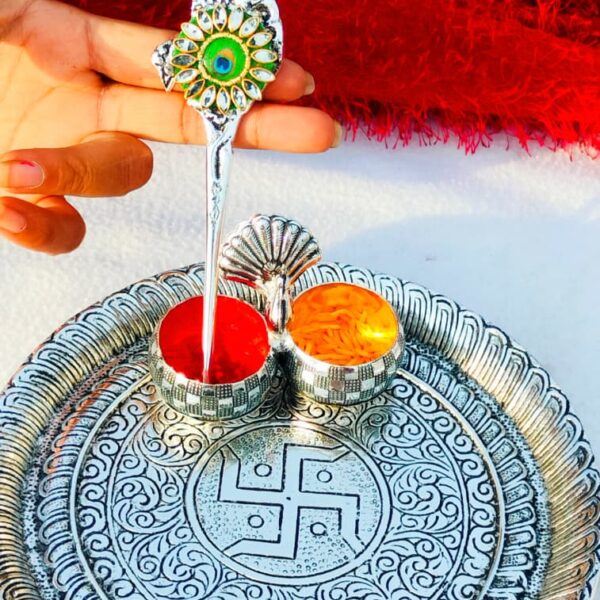 Antique German silver Nakkashi Thali & tilak stick