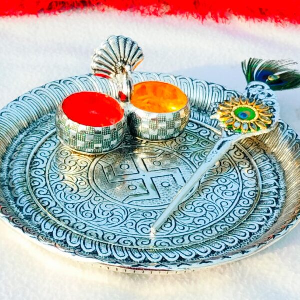 Antique German silver Nakkashi Thali & tilak stick