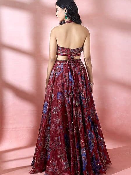 Blood Red Taby Silk Lehenga Embellished With Print