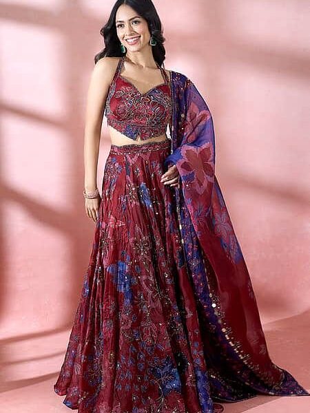 Blood Red Taby Silk Lehenga Embellished With Print