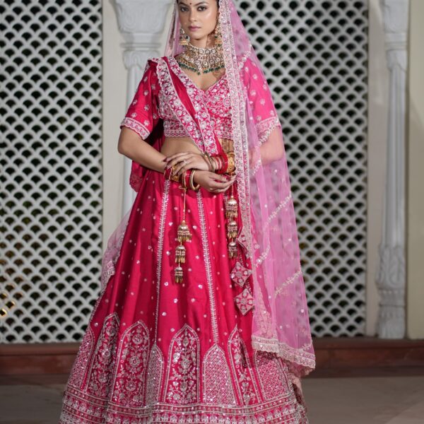 Semi- Stitch Rani Pink Silk Bridal Lehenga Choli
