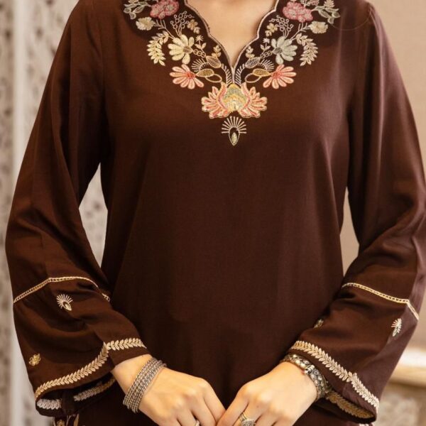 Brown Embroidery Cotton Co Ord Set