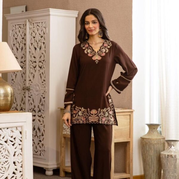 Brown Embroidery Cotton Co Ord Set