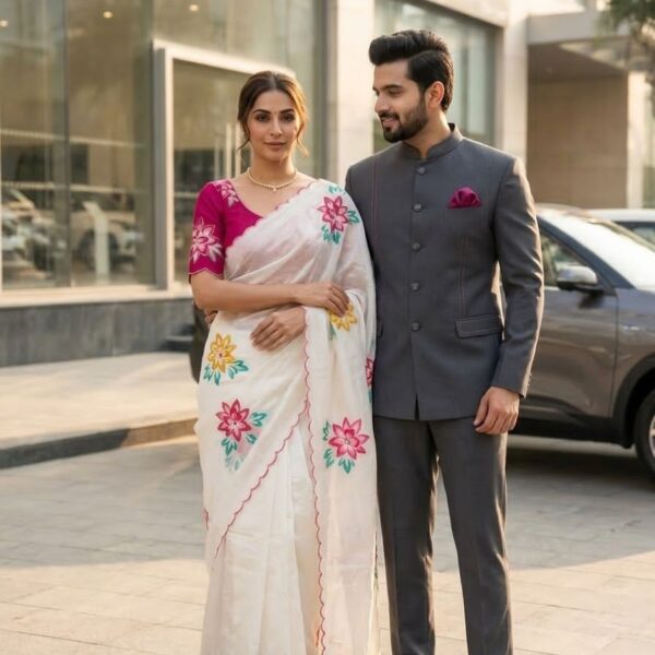 Crush off-white Saree with hand flower prints